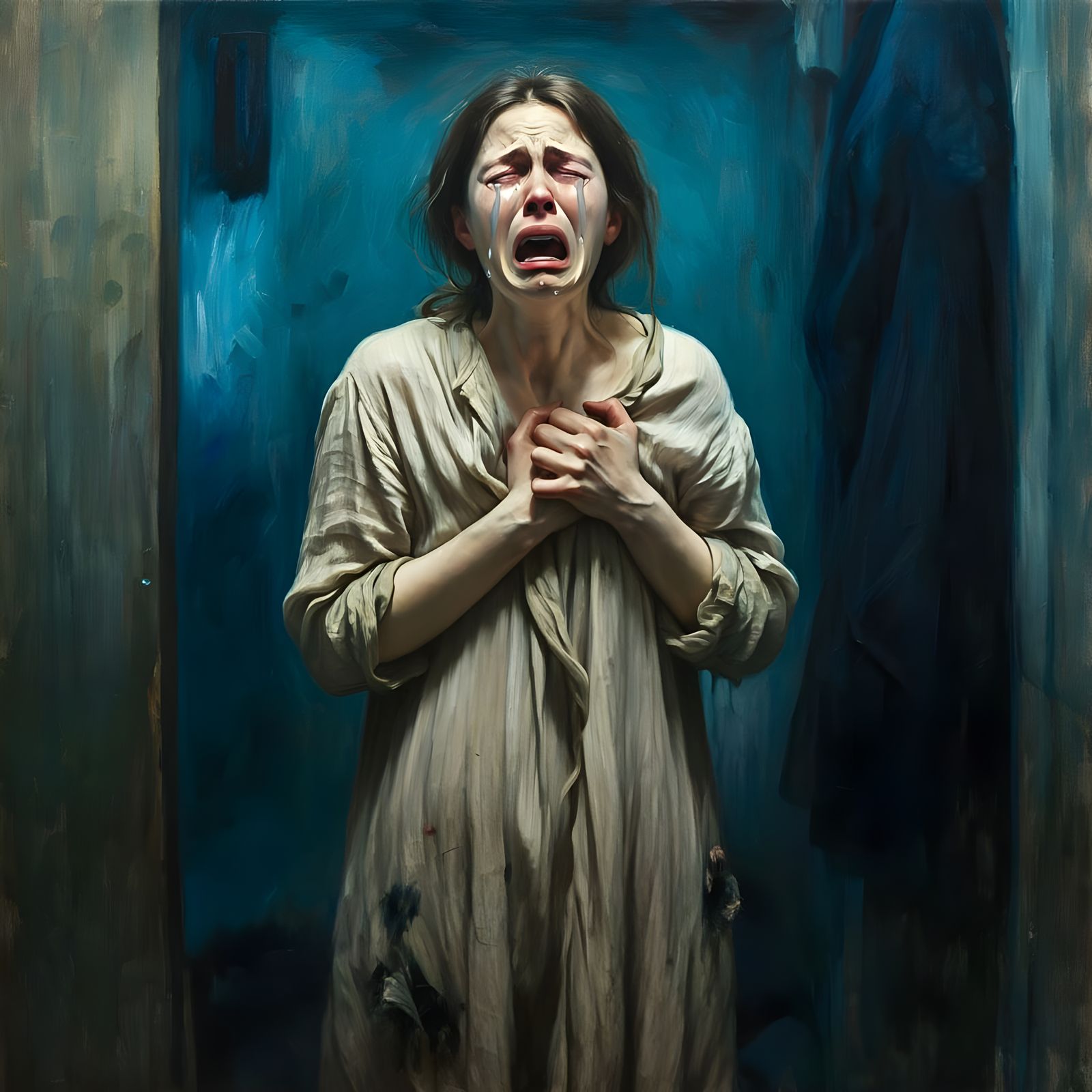 Tormented Woman in Blue Ecru Hues