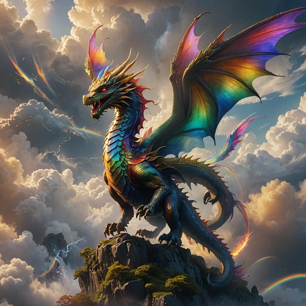 Rainbow Dragon Soaring Through Misty Clouds