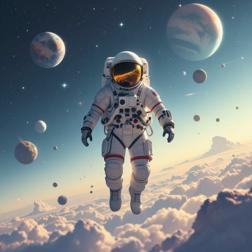 Astronaut Floating in Space with Retro-Futuristic Style