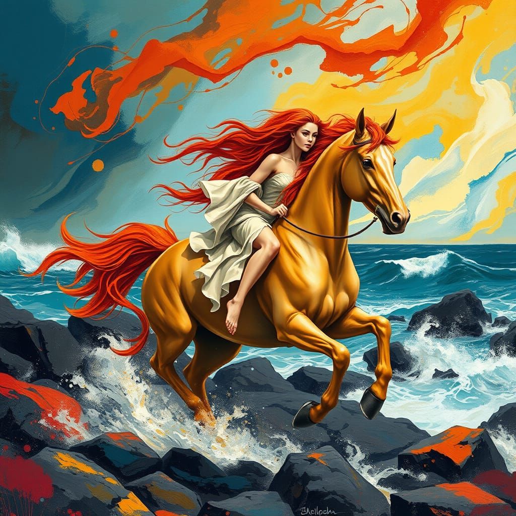 Ethereal Goddess Rides Free Across Feroa's Volcanic Coast