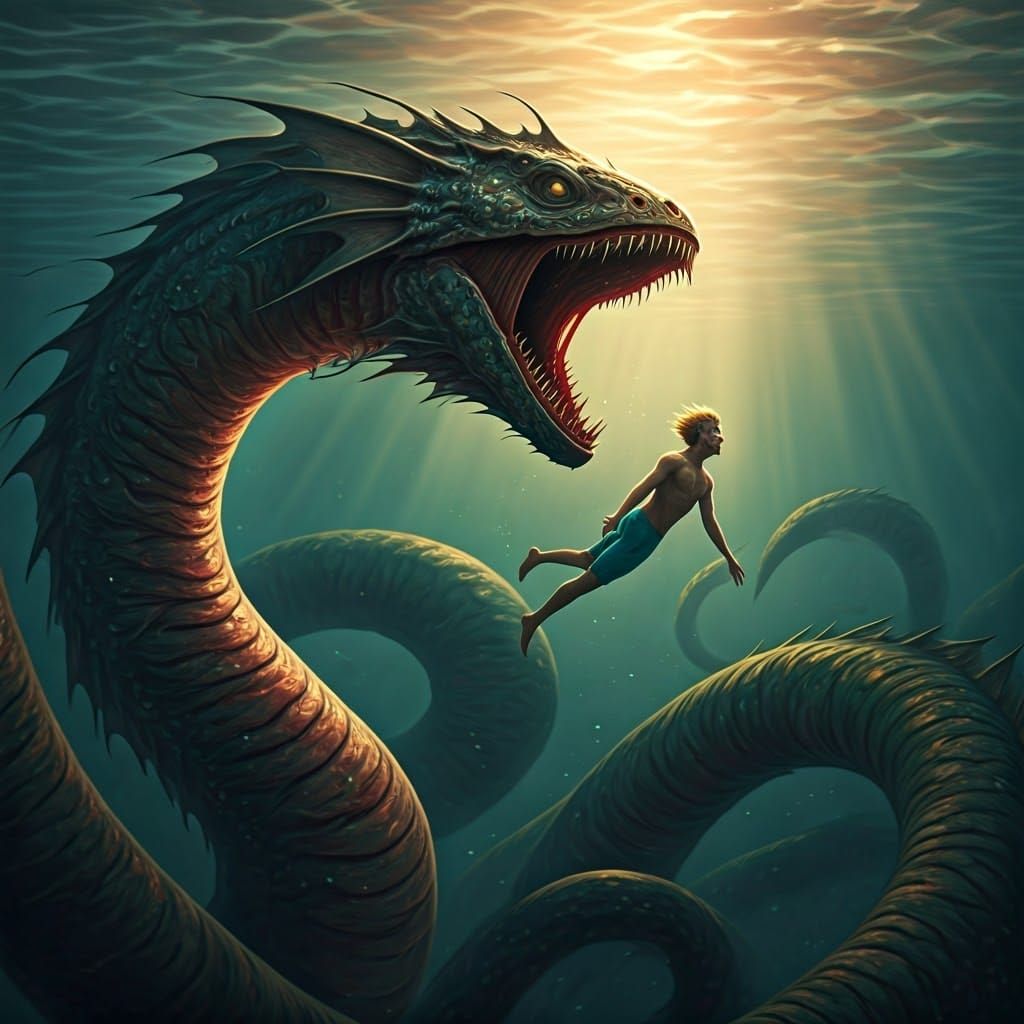 Eldritch Sea Monster Captures Swimmer in Underwater Sunset