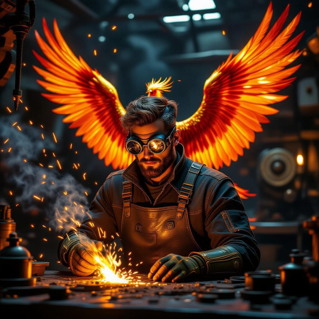 Steampunk Phoenix Mechanic in Fiery Workshop