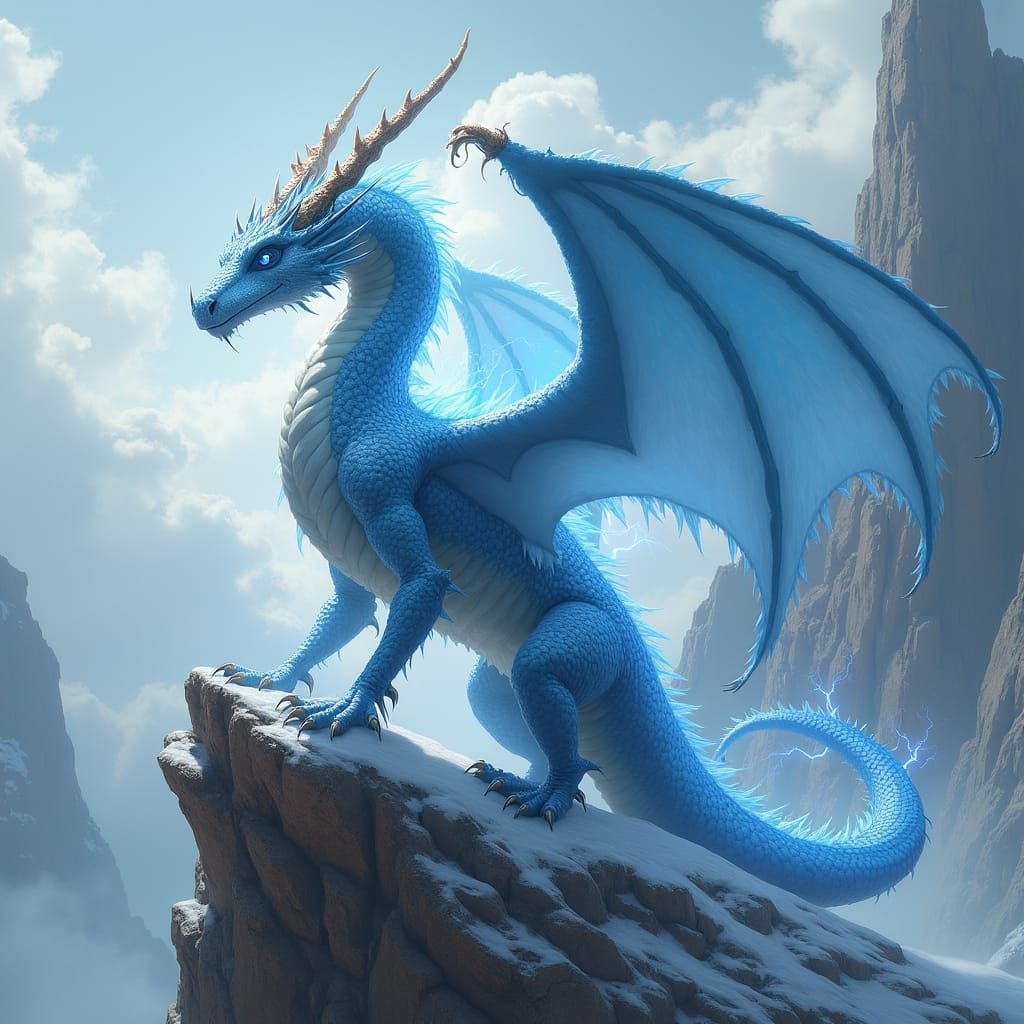 Icy Dragon on Mountain Ledge in Gothic Fantasy Style
