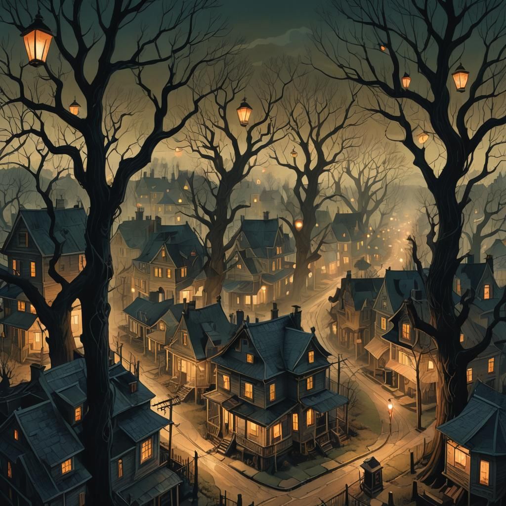 Eerie Town at Dusk: A Dark Fantasy Illustration
