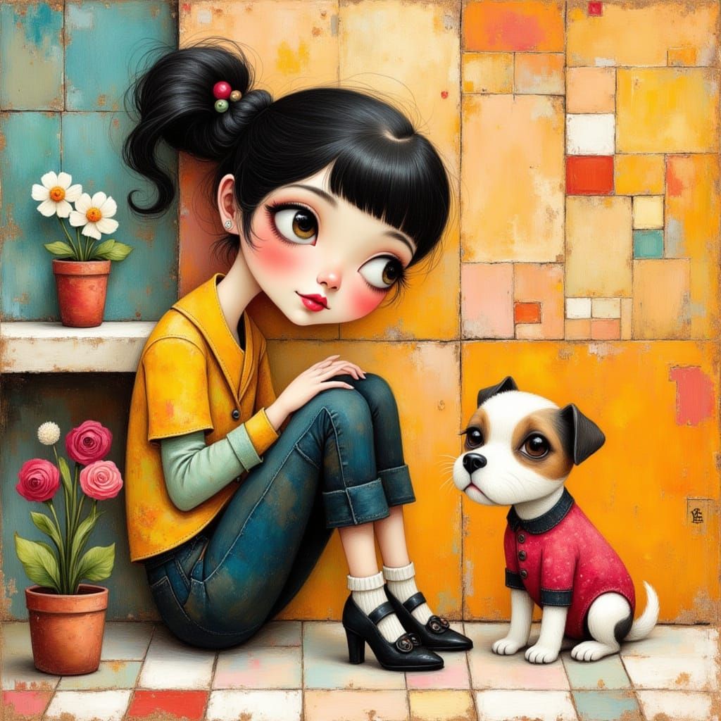 Stylish Woman and Puppy in Whimsical Pastel Art