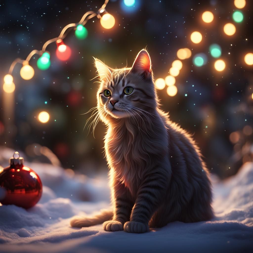 Festive Cat with Christmas Lights, Detailed Matte Painting
