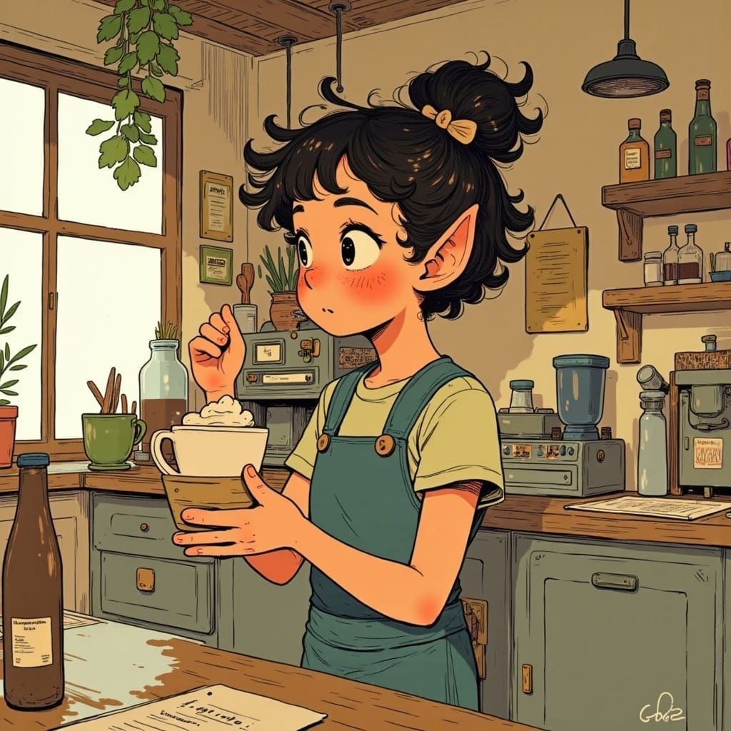 <lora:Alius:1.0>digital illustration in the style of Trina Schart-Hyman :: A stylish elf barista with pointed ears peeki...