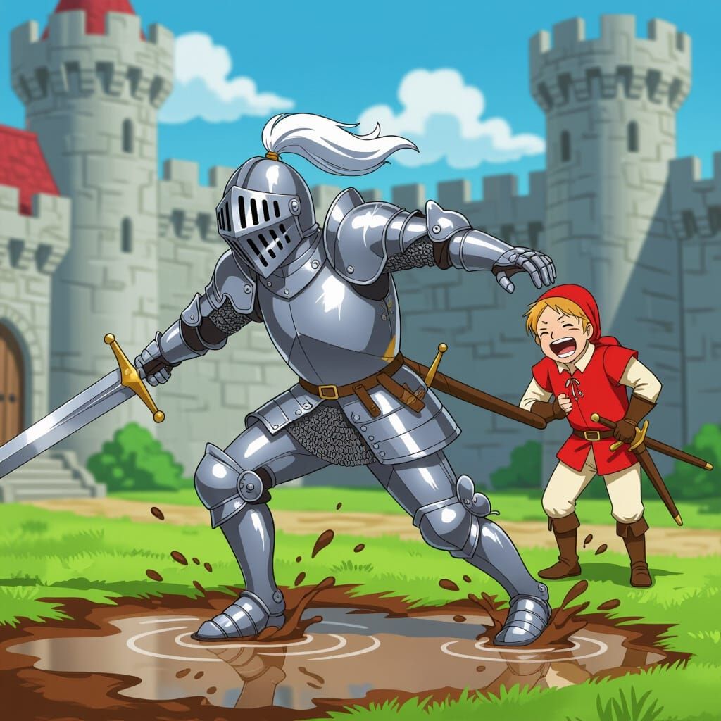 Knight Fails Leap, Squire Laughs in Anime Style