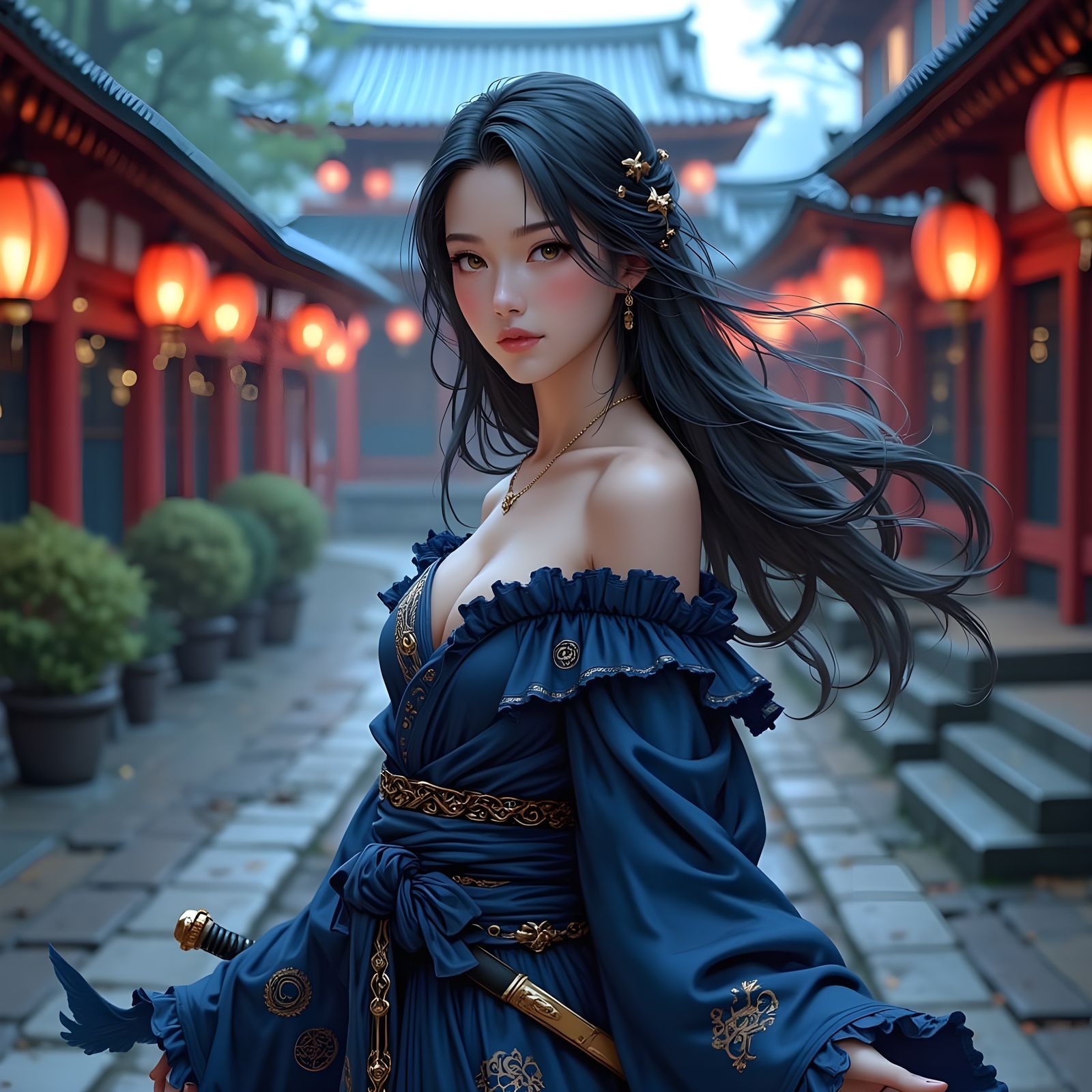 Japanese Woman in Kimono at Misty Shinto Shrine