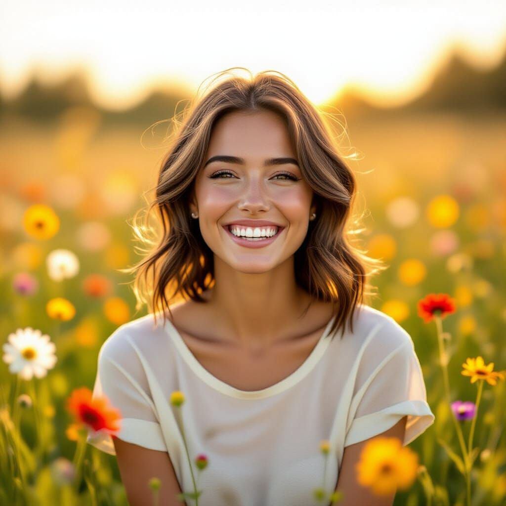 Joyful Person in Sunlit Wildflower Meadow