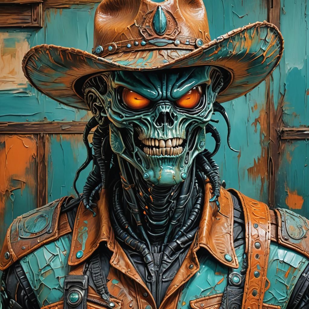 Xenomorph Cowboy in Abstract Expressionism Style