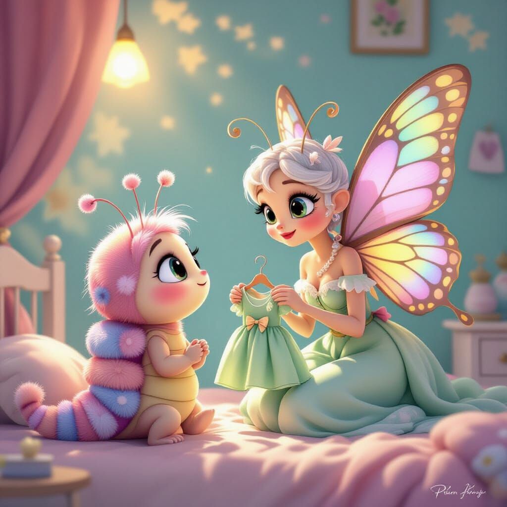 Pastel Caterpillar and Butterfly in Bedroom