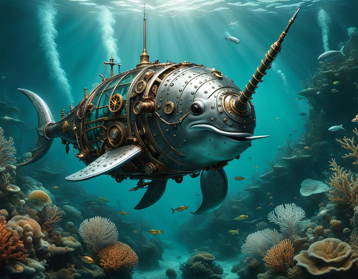 Steampunk Narwhal Swimming in Bioluminescent Sea