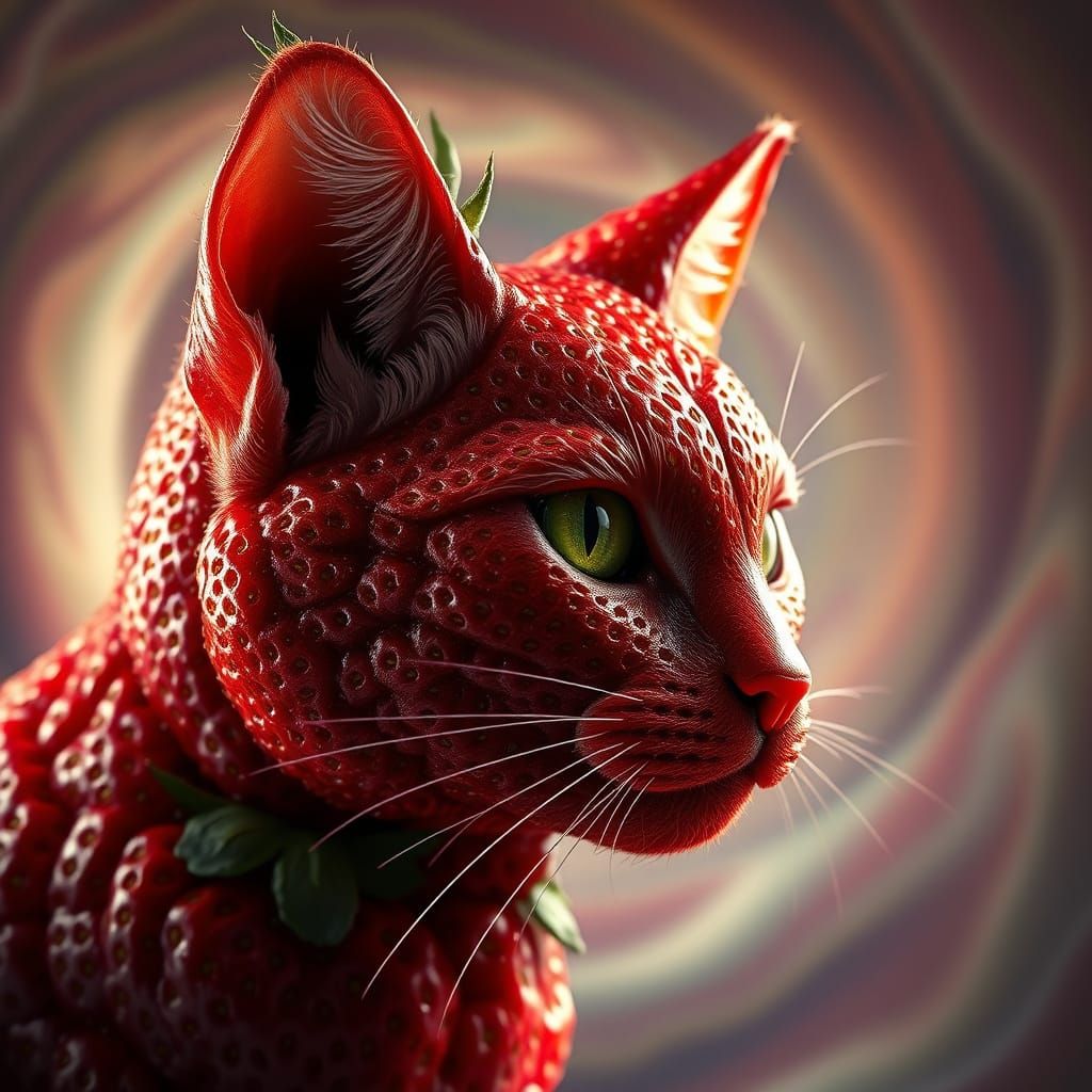 Hyper-Realistic Strawberry Feline in Whimsical Realm