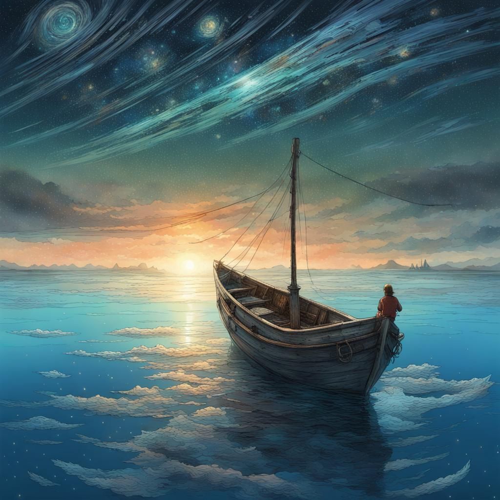 Little Boat Sailing Under Surreal Starry Sky