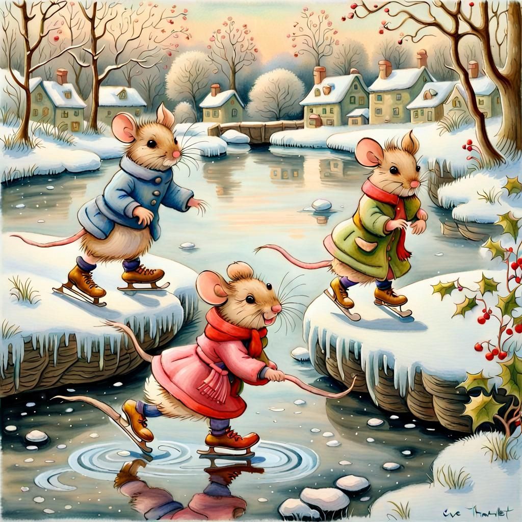 Mice Ice Skating on a River in Pastel Colors