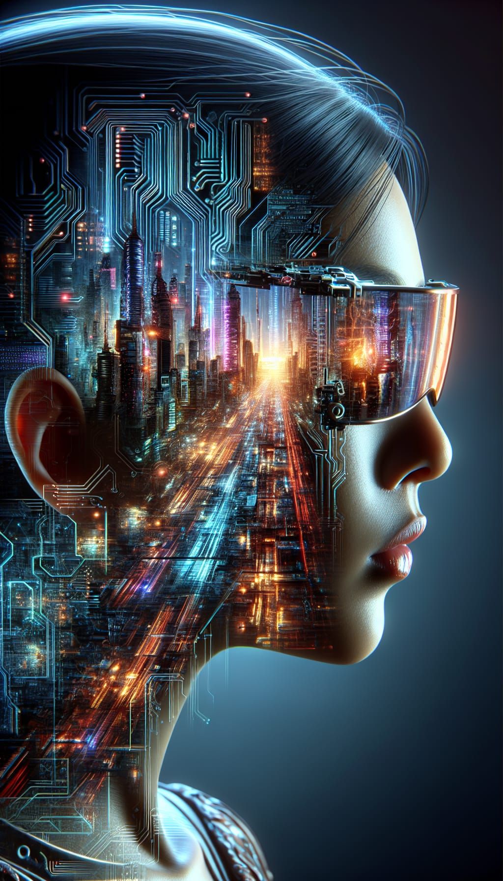 South Asian Woman Contemplates Cyberpunk Cityscape in Futuri...