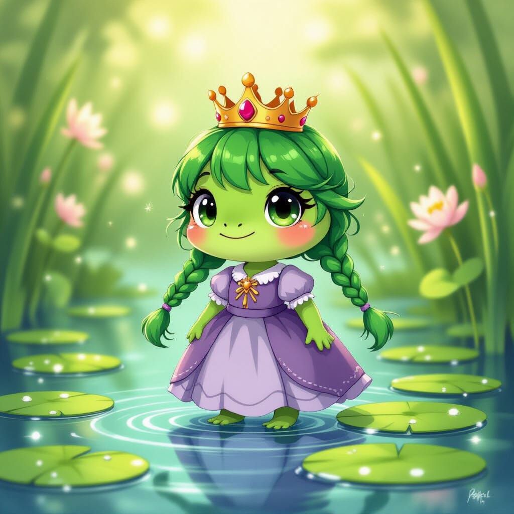 Chibi Frog Princess Near Pond in Storybook Style