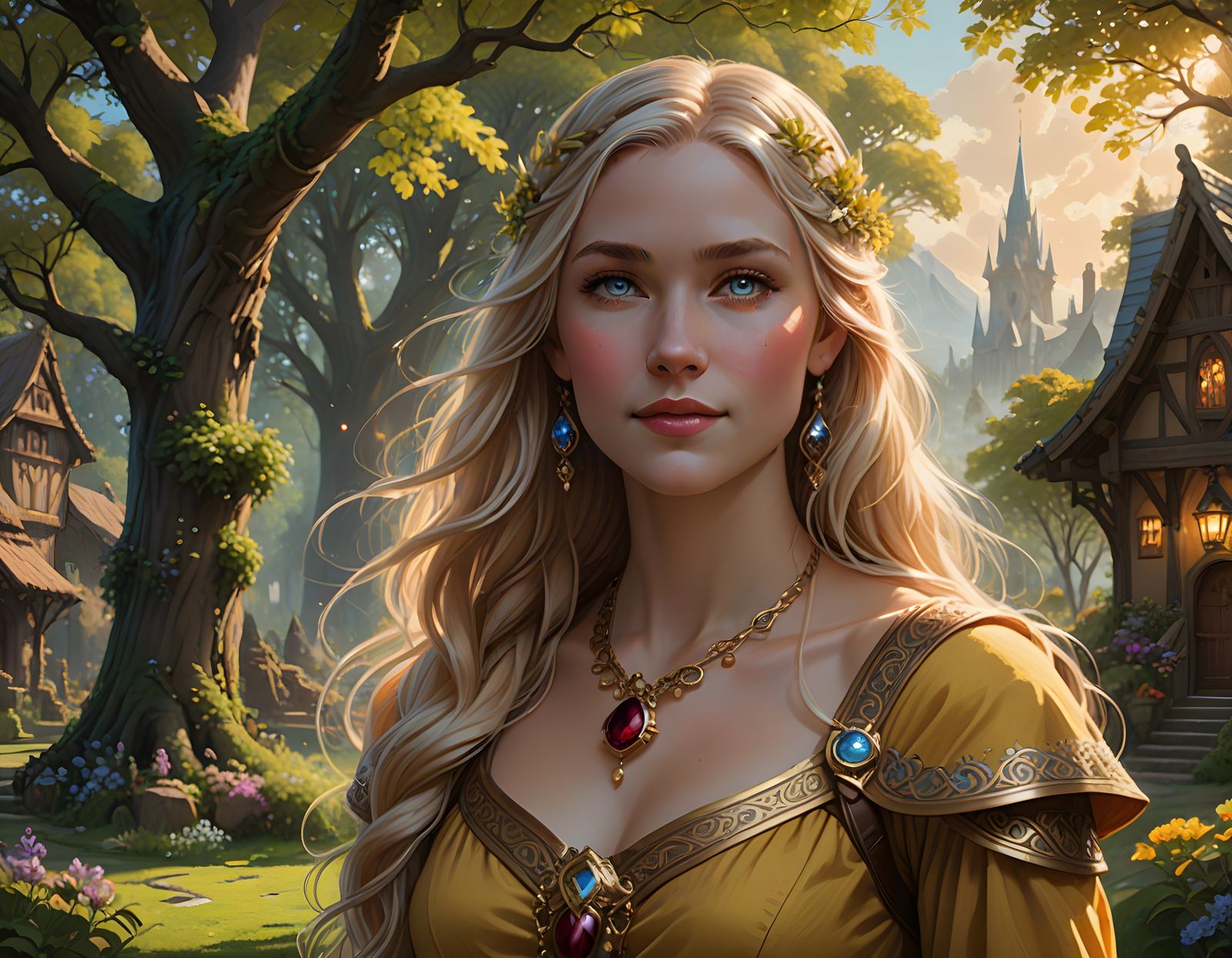 Ethereal Norse Goddess in Enchanted Village Green