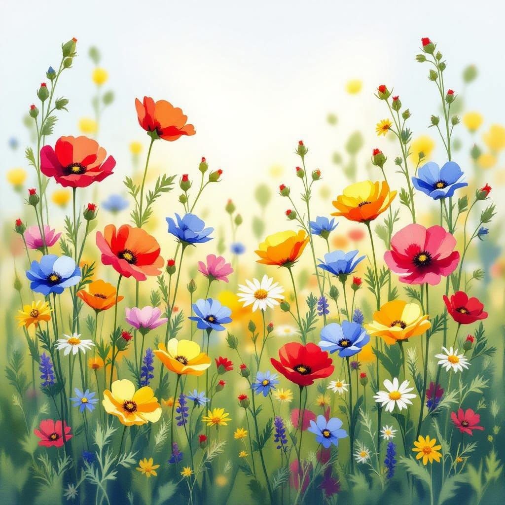 Vibrant Watercolor Meadow of Wildflowers in Bloom