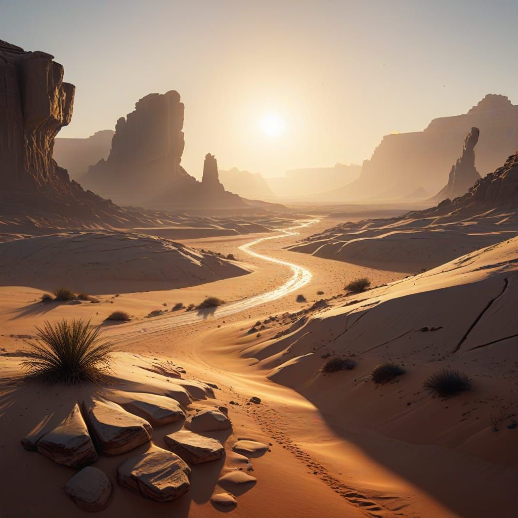 Surreal Desert Panorama with Ethereal Light Shafts