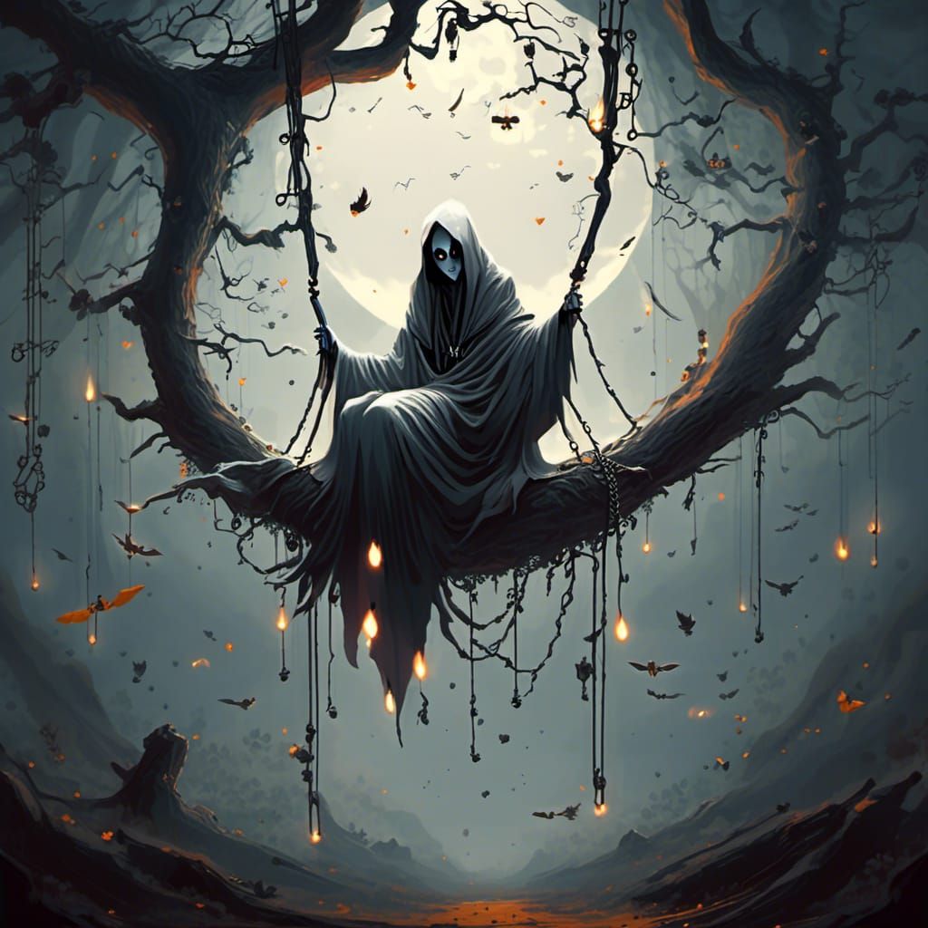 Gothic Forest Swing with Ghostly Apparitions