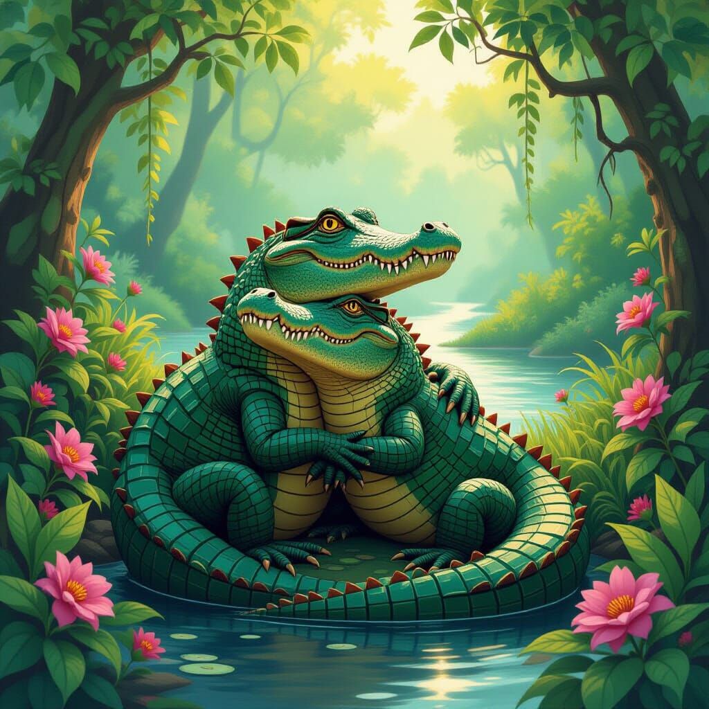 Crocodile and Alligator Embrace in Lush Forest