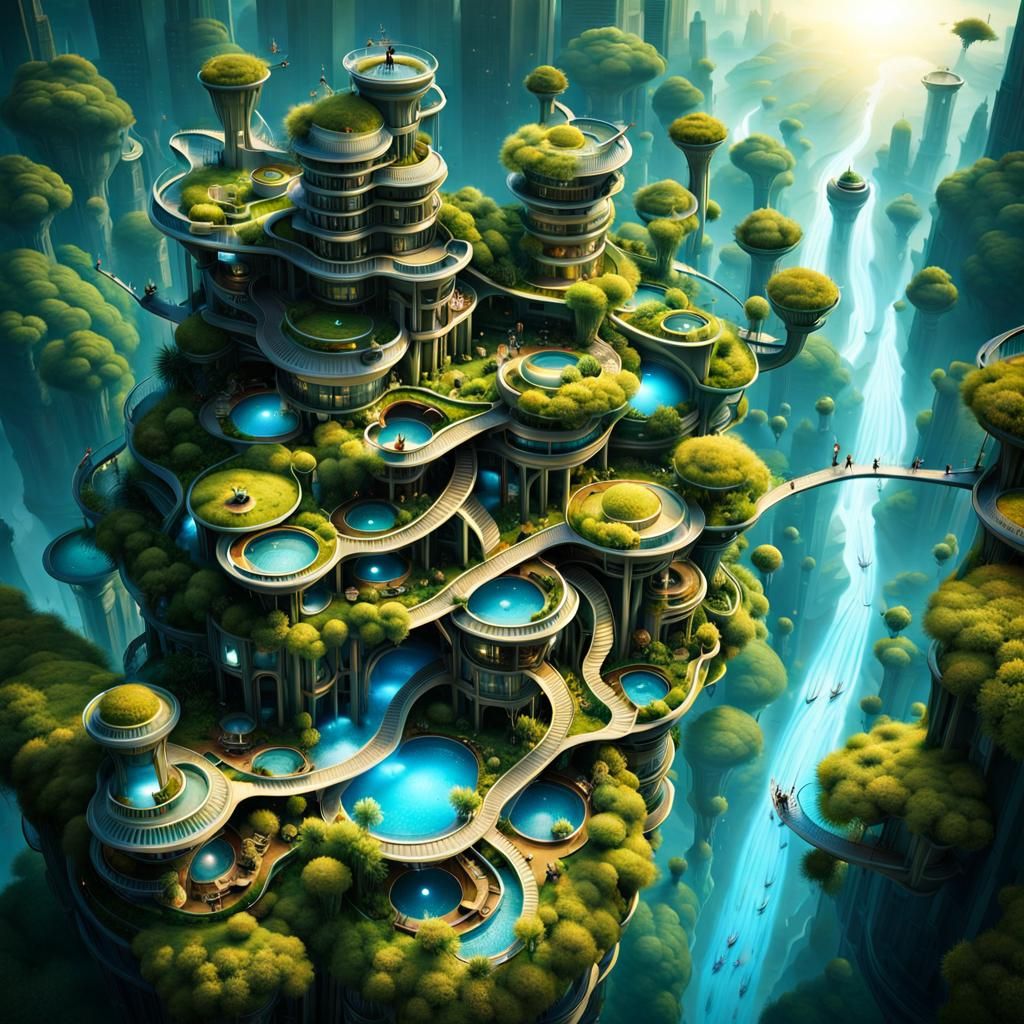 Retrofuturist Solarpunk Architecture: Bird's Eye View