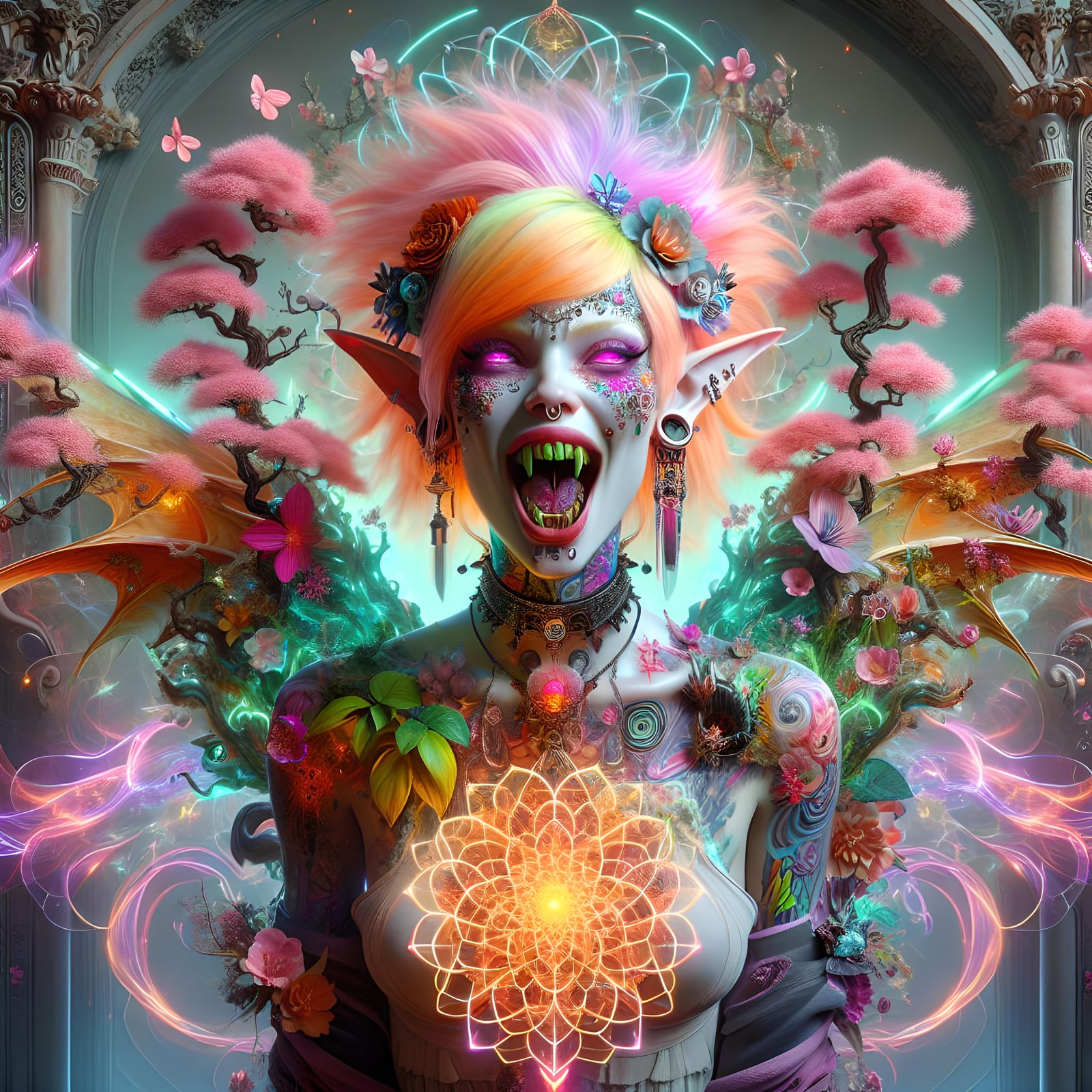 Cyberpunk Elf Lady Reveals Floral Landscape