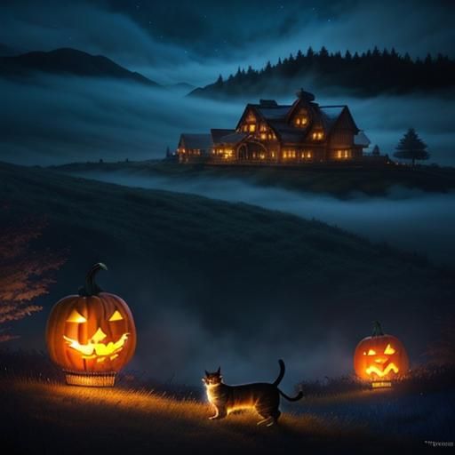 Cat in Pumpkin Lanterns: Digital Matte Painting