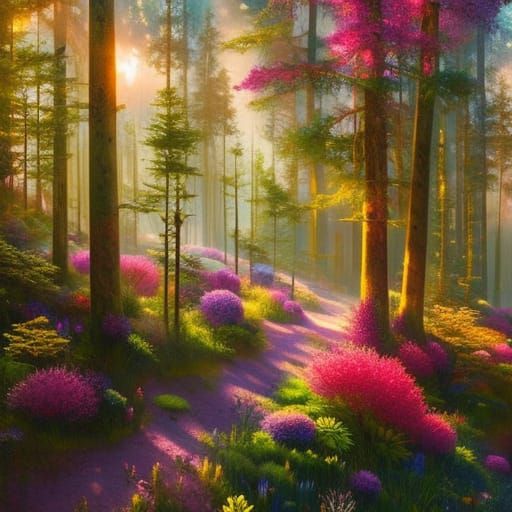 Dreamlike Forest Illustration with Hedgehog and Flowers