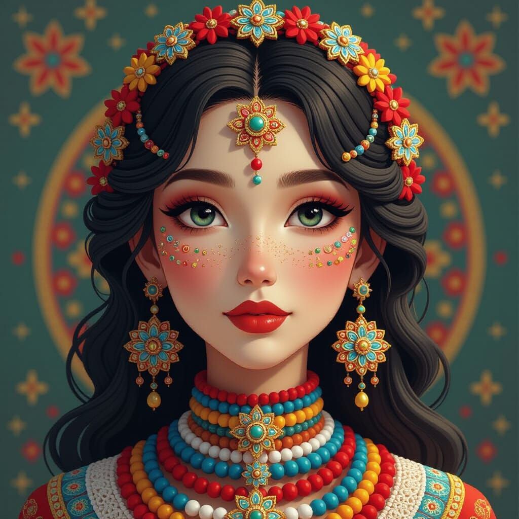 Vibrant Beaded Woman's Face in Huichol-Inspired 3D Art