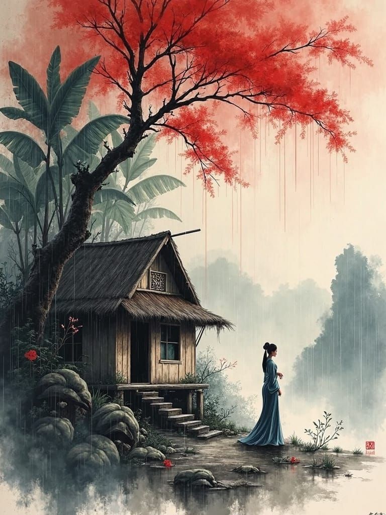 Monsoon Rain Ink Painting of Lady in Cabin