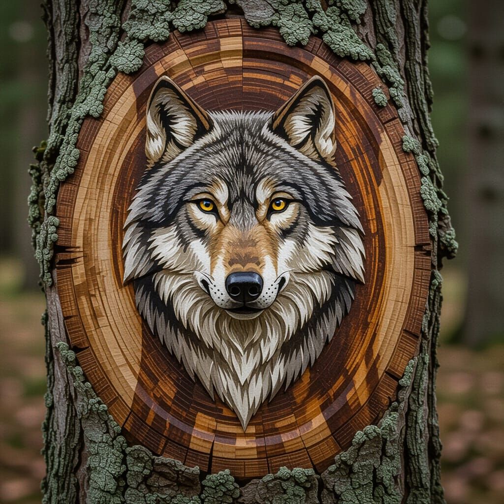 Detailed Wooden Wolf Carving Statue