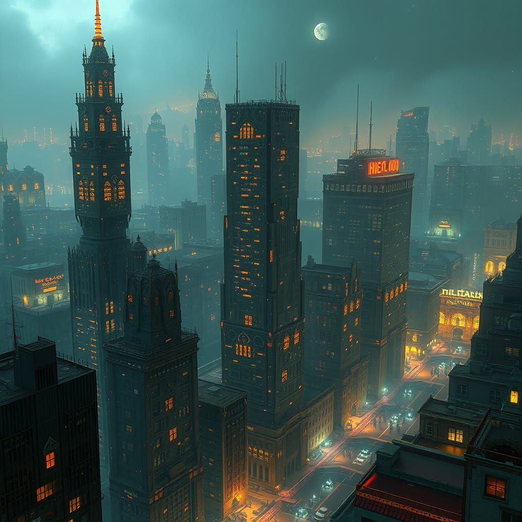 Circuit Board City with Glowing LEDs at Night