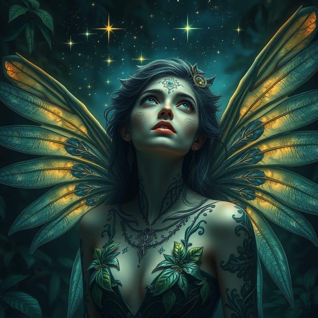 Faerie Woman Gazing at Starry Night Sky