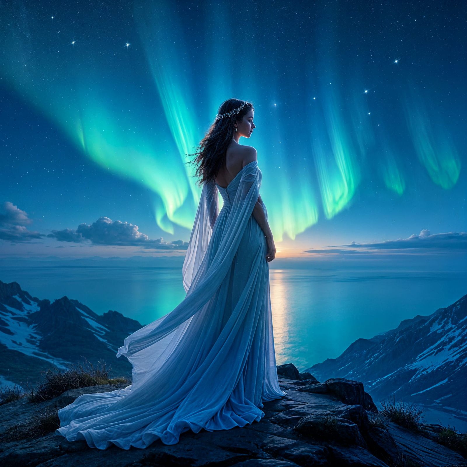 Celestial Goddess in Aurora Glow