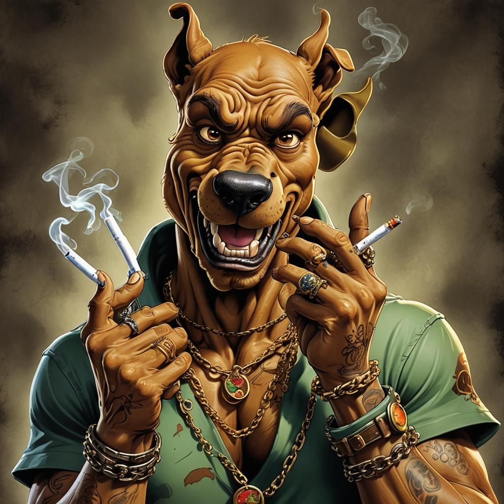 Scooby Doo looking sideways, appears big jolly but with some...