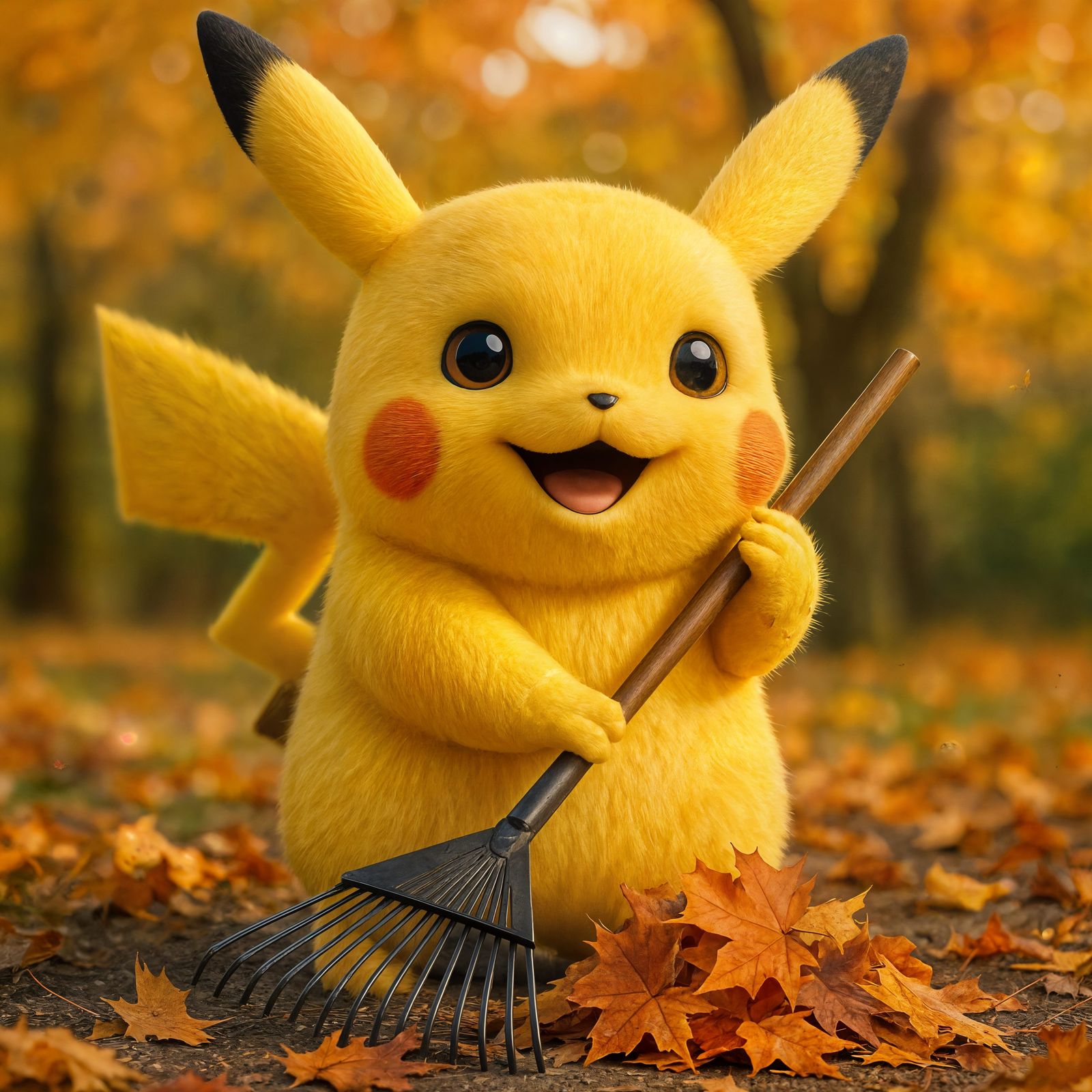 Happy Pikachu Raking Autumn Leaves in CGI