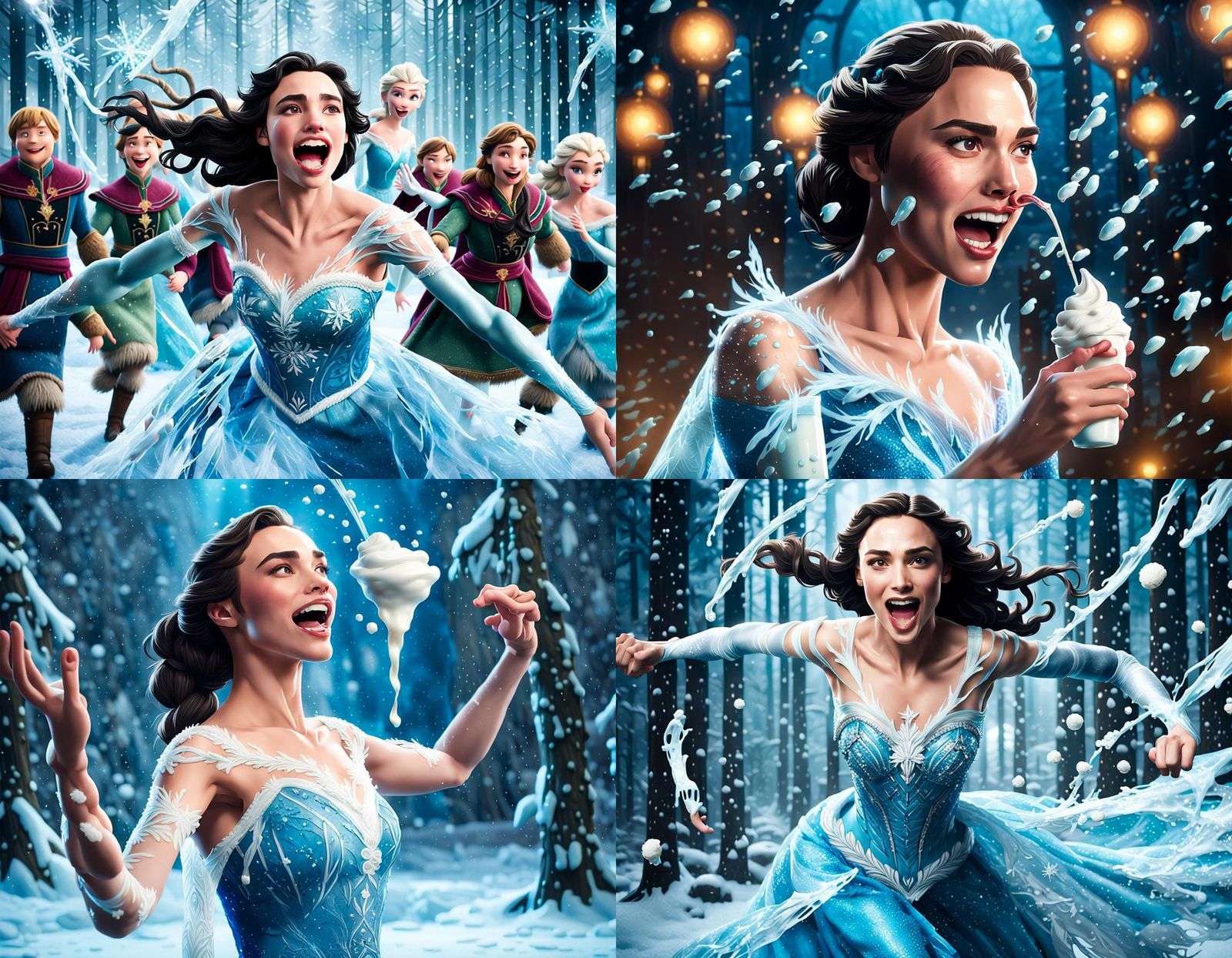 Gal Gadot as Elsa from Frozen, shown twirling around, dancing