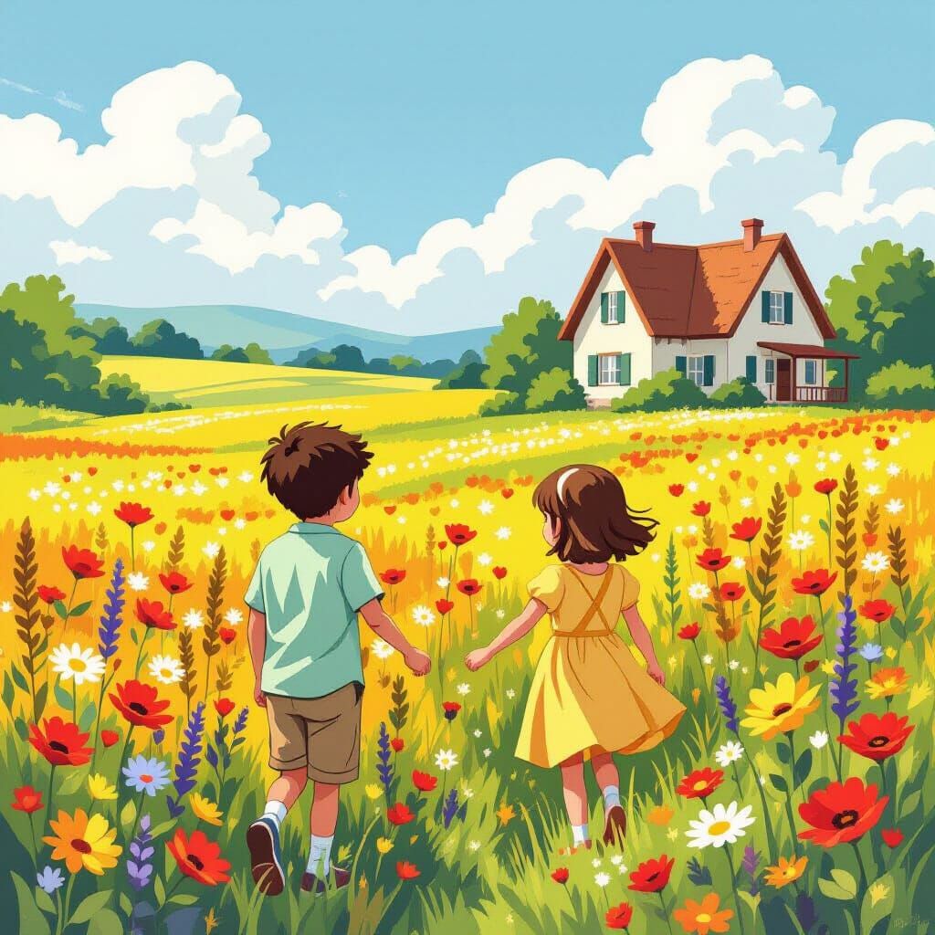 Children Explore Grandma's Field: Cartoon Realism