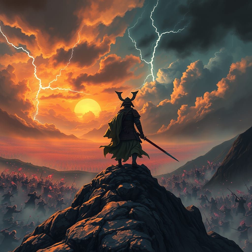 Samurai Warrior Defiant Against Stormy Chaos in Epic Landsca...