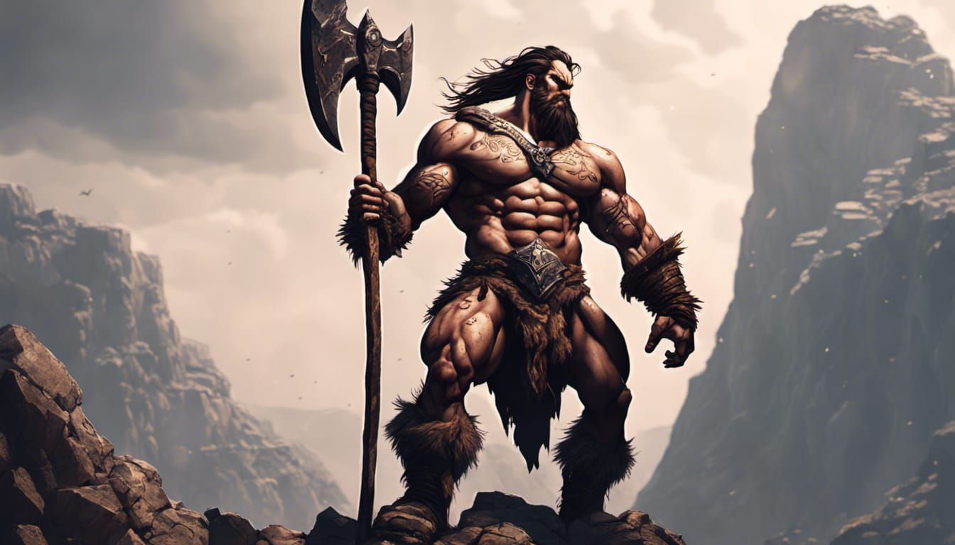 Barbarian Warrior on Cliff in Anime Style