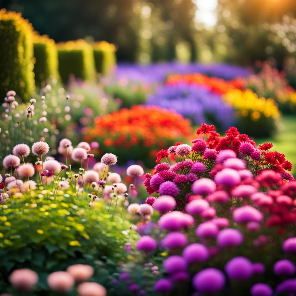 Exquisite Garden with Colorful Flowerbeds in Sharp Focus