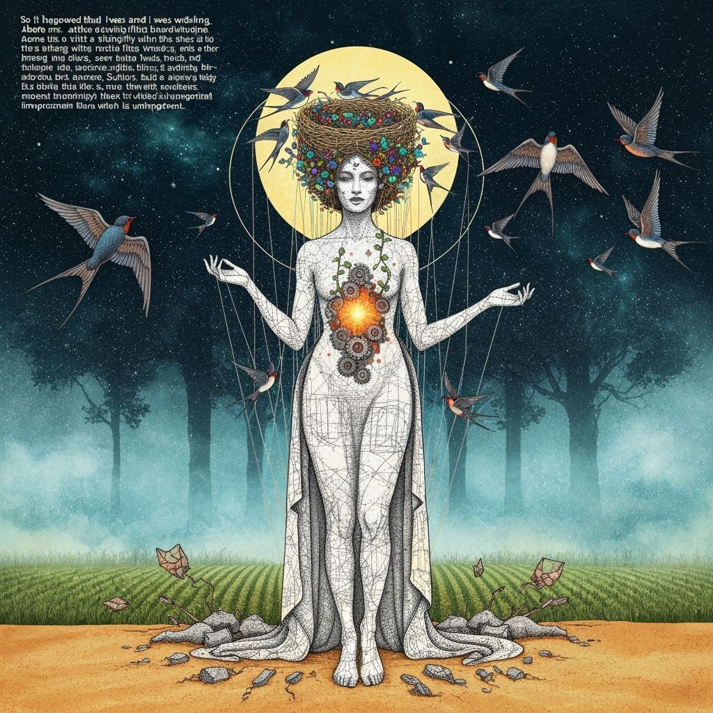 Ethereal Woman Dissolving into Birds Amidst Cosmic Energy