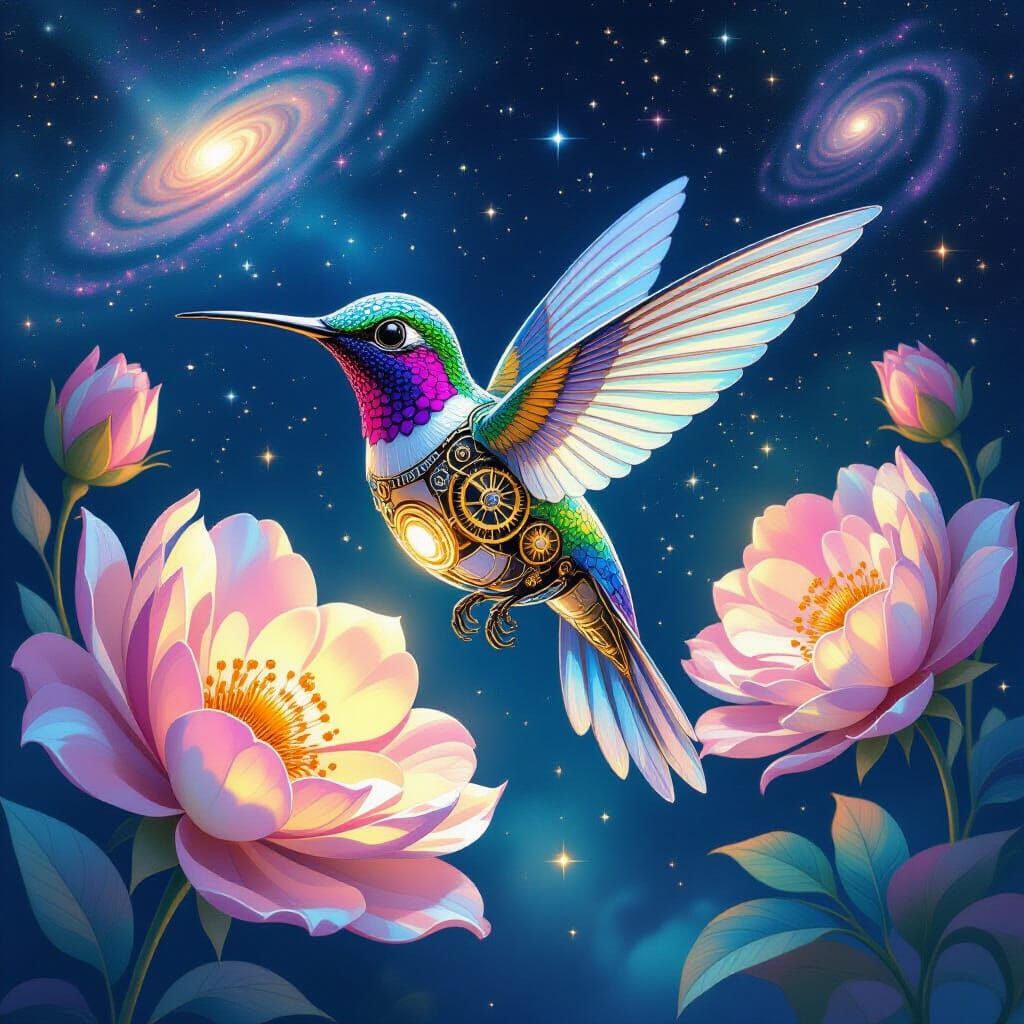 Clockwork Hummingbird Among Cosmic Flowers