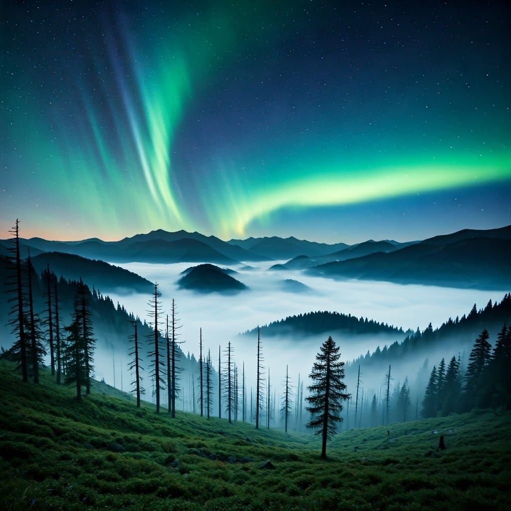 Ethereal Mist-Shrouded Mountain Landscape with Aurora Sky