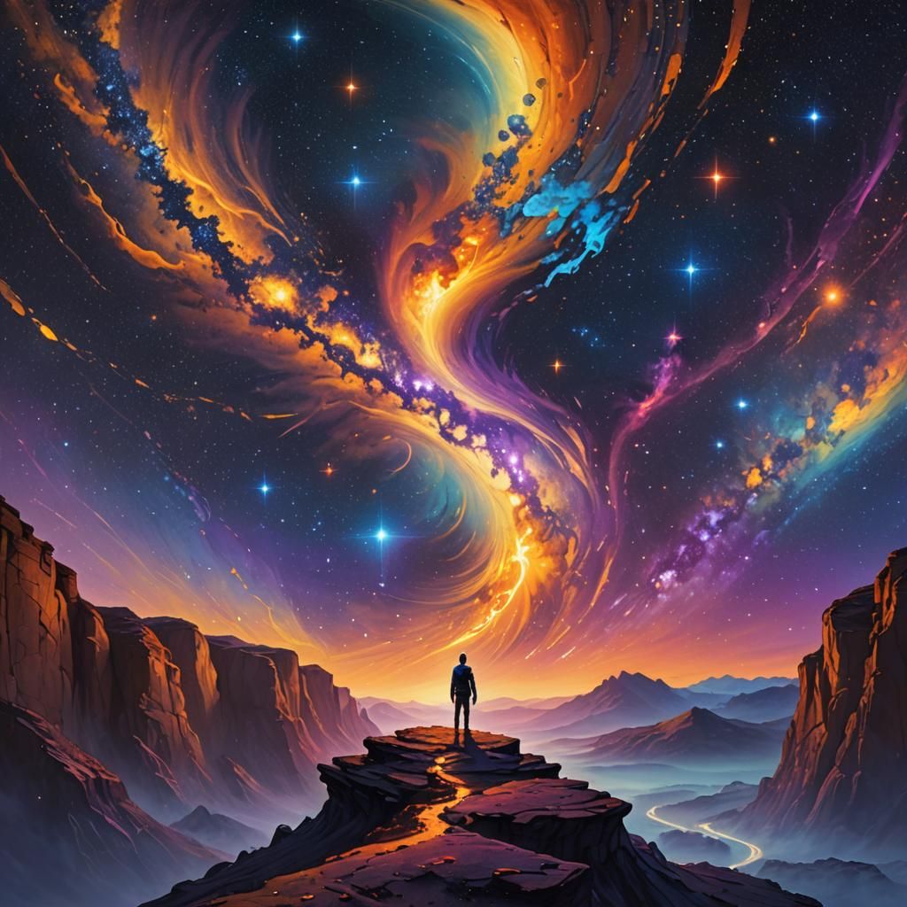 Celestial Figure Gazing into a Dreamlike Cosmos