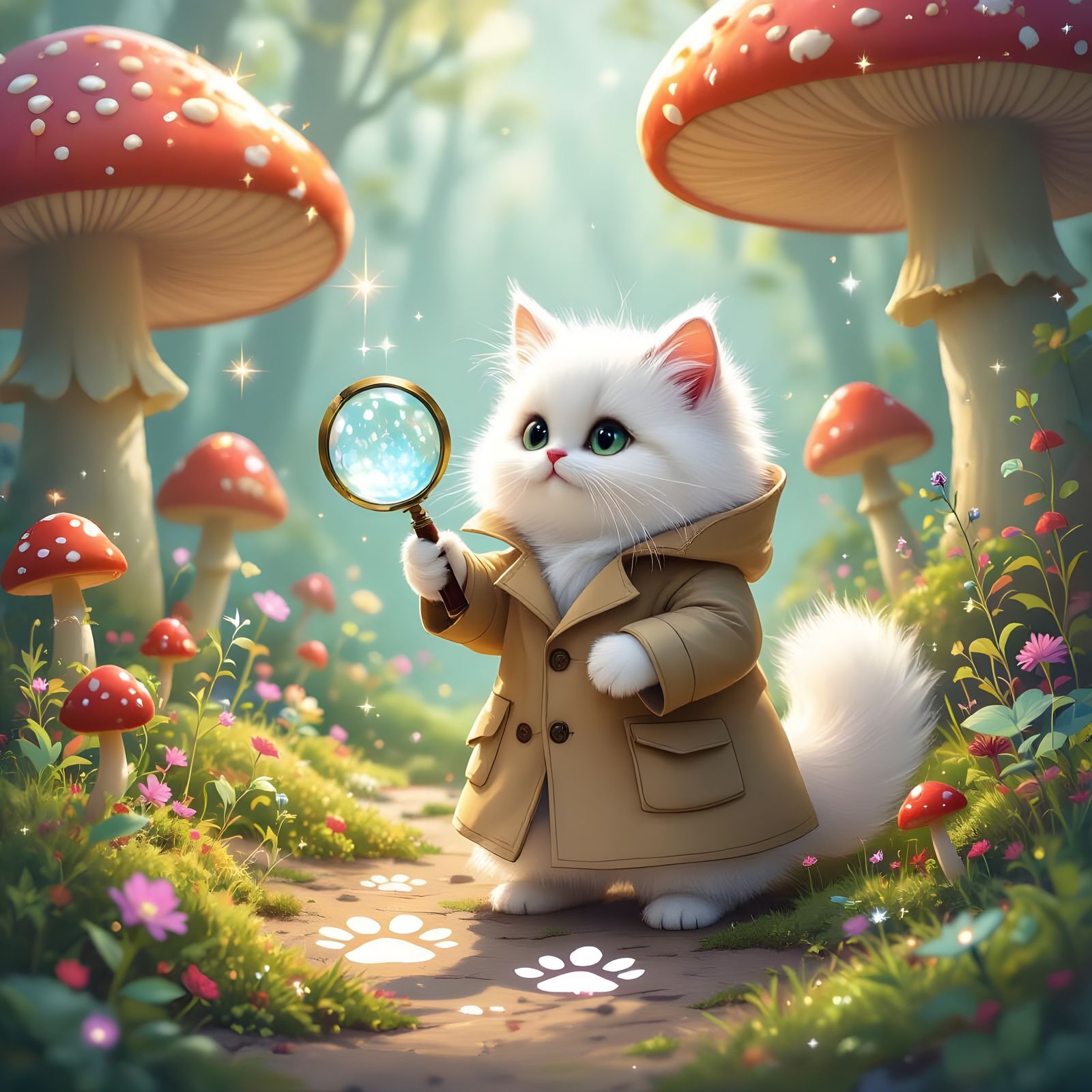 Fluffy Cat Detective in Magical Pastel Forest