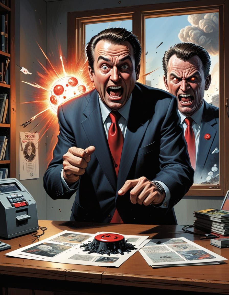 Crazy Politician Finger on Atomic Button, Comic Art